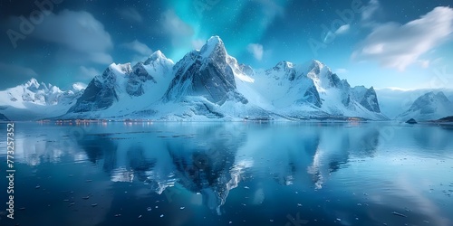 Aurora borealis over snowcovered mountains in Lofoten islands Norway reflecting in water. Concept Photography, Northern Lights, Lofoten Islands, Norway, Nature Reflections © Ян Заболотний