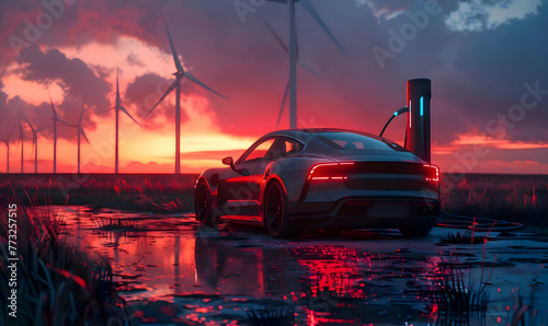 Photorealistic scene of an electric car charging at sunset, with wind turbines in the background. High-resolution © fillmana