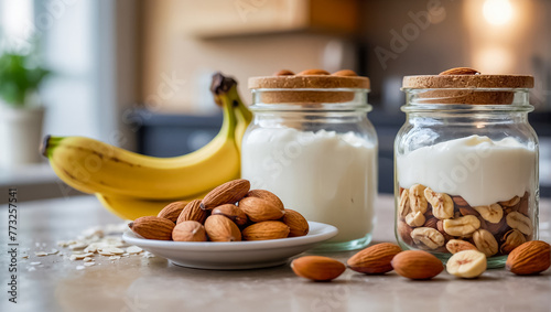 jar of yogurt with banana and almonds in the kitchen table
