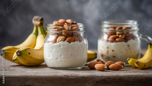 jar of appetite yogurt with banana and almonds in the kitchen