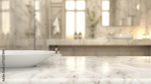 White bathroom interior. Empty marble table top for product display with blurred bathroom interior background.