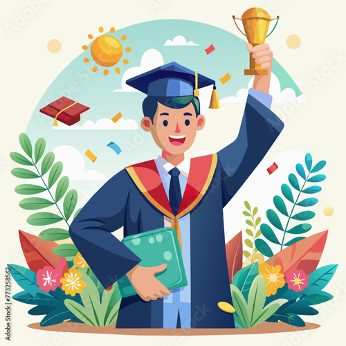 Exuberant graduate holding up a trophy against a celebratory backdrop, symbolizing academic victory.