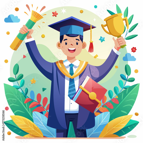 Exuberant graduate holding up a trophy against a celebratory backdrop, symbolizing academic victory.