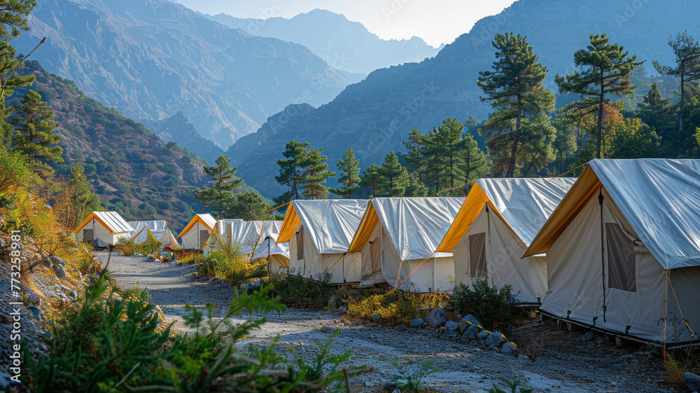 Scenic mountain: Rows of white tents.generative ai