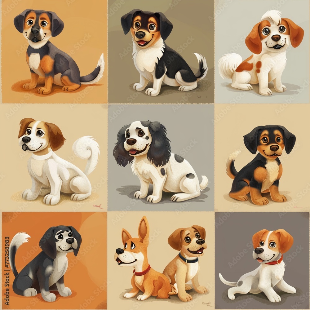 featuring cartoon dogs, or opt for a more realistic depiction of various dog breeds ,clean sharp focus 