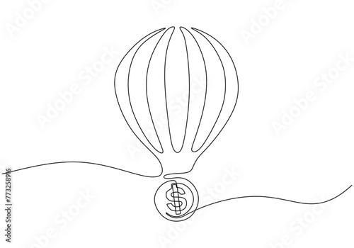 Single continuous line drawing of air balloon with money