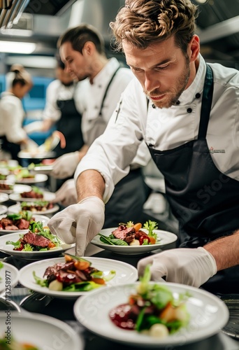 A professional chef in a restaurant kitchen meticulously preparing dishes  featuring fresh salad and succulent meat.