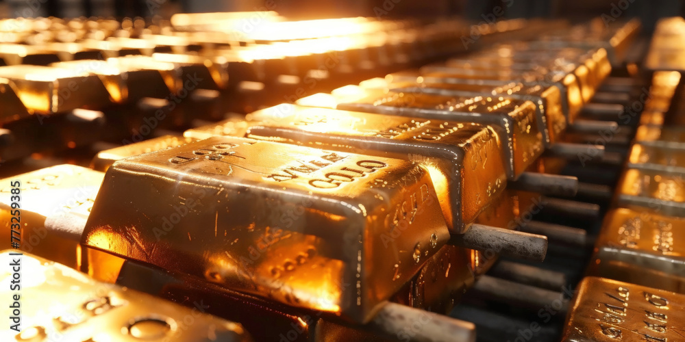 A closeup of gold bars, stacked high in rows and columns. Concept of success in business A closeup of gold bars, stacked high in rows and columns. Concept of success in business