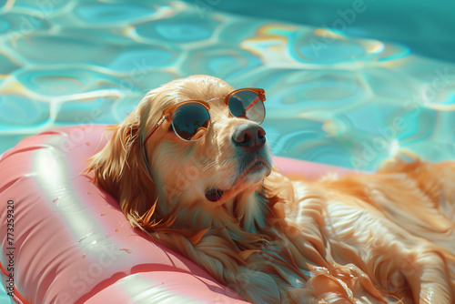 Funny dog sporting sunglasses lounging on a float in the pool, savoring a beautiful day. Summer enjoyment for the entire family.