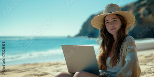 Young woman working with her laptop at the beach during a sunny and pleasant day. Digital nomad lifestyle concept with ample copy space.