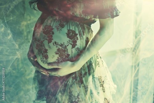 silhouette of a pregnant woman cradling her belly amidst soft pastel hues