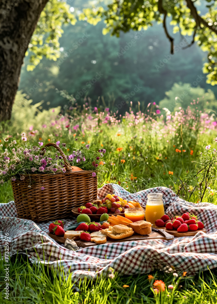Summer Picnic scene is peaceful and relaxing in garden. A basket of food and drink, fruit and berries Summer Picnic scene is peaceful and relaxing in garden. A basket of food and drink, fruit and berries