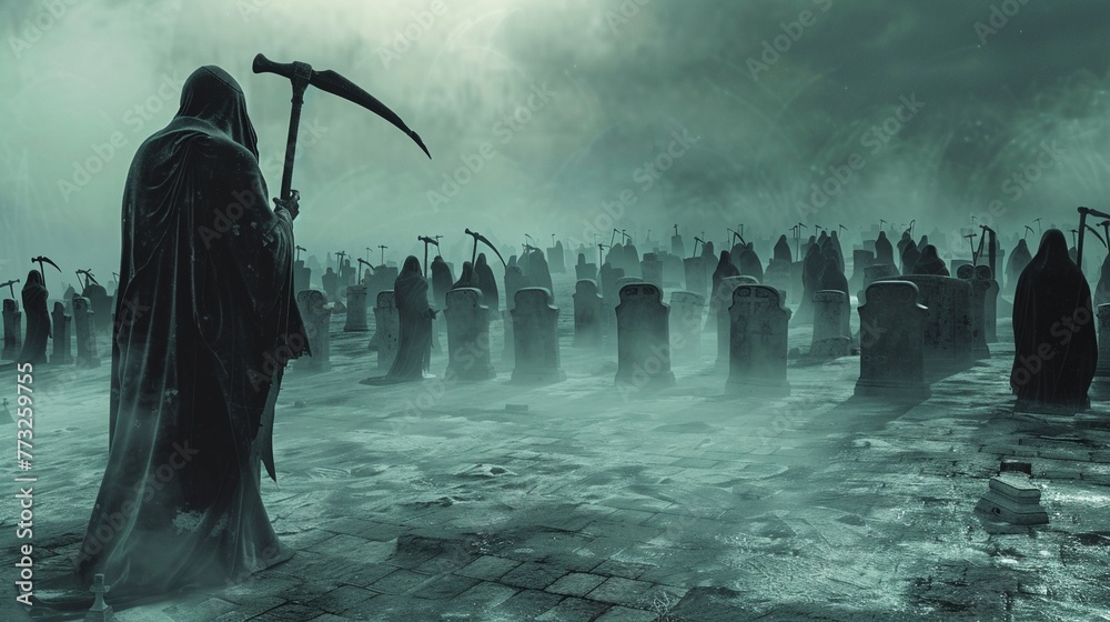 Grim Reapers and Tombstones Create a pattern featuring grim reapers holding scythes and looming over rows of tombstones Add eerie mist and swirling fog for a haunting atmosphere , 3D render - obrazy, fototapety, plakaty 
