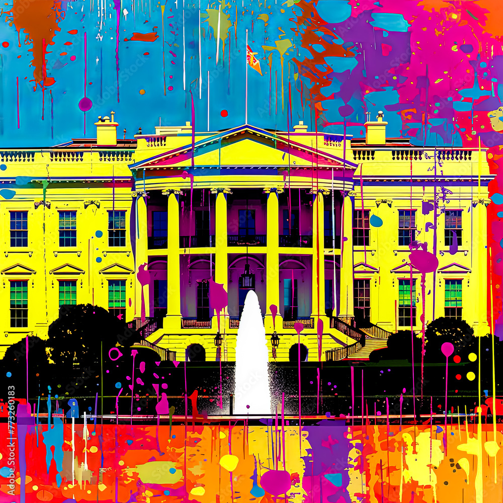 A colorful painting of the White House with a fountain in front. The ...