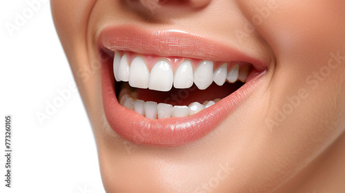 Close up of a happy woman's mouth with healthy teeth isolated on a white background