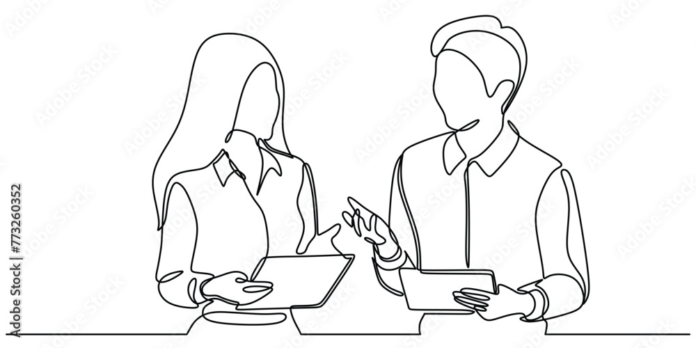 continuous line drawing of office workers at business meeting talking continuous line drawing of office workers at business meeting talking
