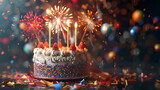 Birthday cake with burning candles and colorful eggs on wooden background 
