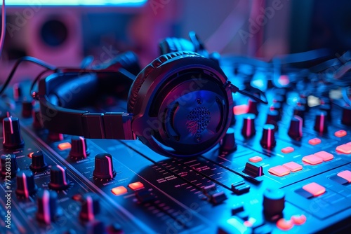 DJ, records, music, radio, headphones, and club night. Generative Ai