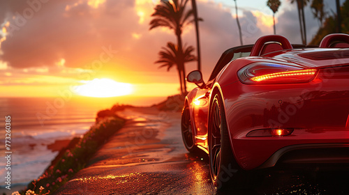 Luxury red convertible car parked on a coastal road at sunset with palm trees and ocean in the background.
