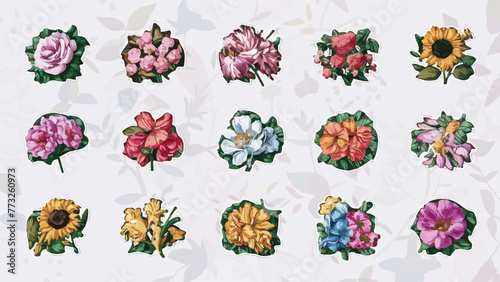 Floral Elegance: A Collection of Vibrant Stickers Illustrating Various Flower Species against a Minimalist White Backdrop