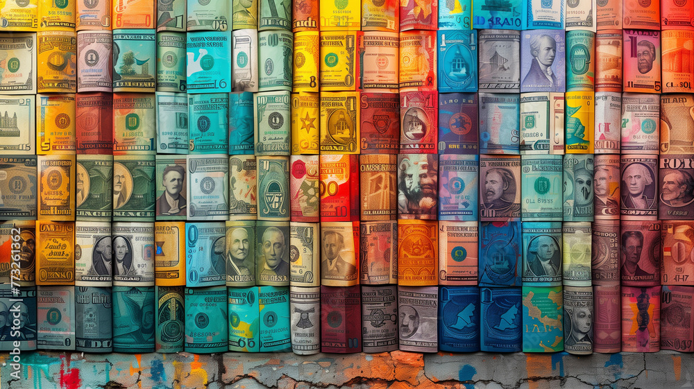 A collage of brightly colored modern banknotes from countries around the globe, arranged in a tapestry of fiscal diversity