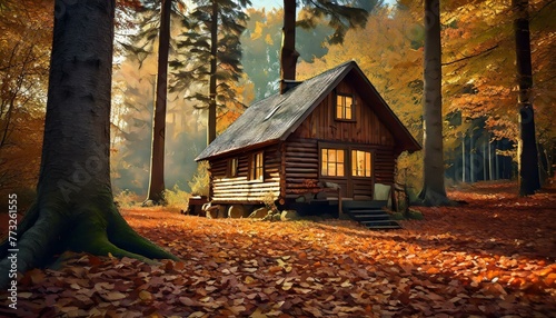A rustic wooden cabin nestled in a tranquil forest clearing, tall trees and a carpet of fallen leaves, old house in autumn