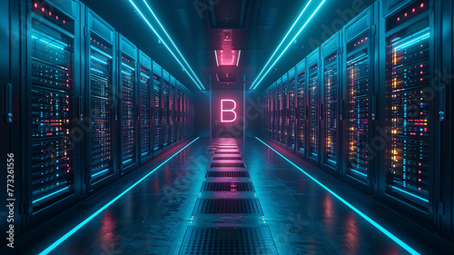 A sleek Litecoin symbol shining over a background of high-tech server racks and data processing units, illustrating the speed and connectivity of digital currency photo