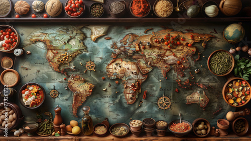 Cartographic representation of global cuisine, where each country on the map is made up of its signature dishes and ingredients photo