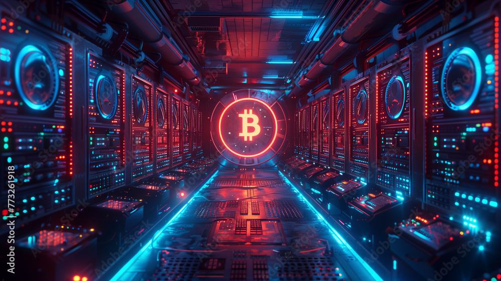 Futuristic cryptocurrency mining farm, with rows of GPU racks under cool blue lights, centered around a prominent, glowing Dogecoin symbol Futuristic cryptocurrency mining farm, with rows of GPU racks under cool blue lights, centered around a prominent, glowing Dogecoin symbol