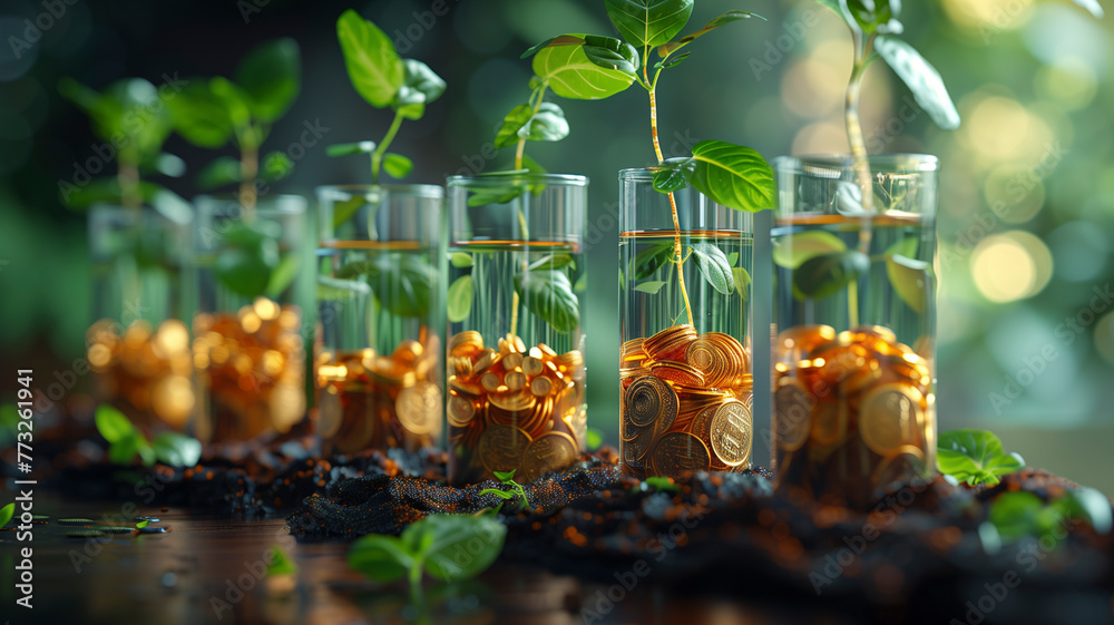 Fototapeta premium Graduated test tubes lined up, each containing a different number of gold coins and a sprout growing out, illustrating the concept of compound interest