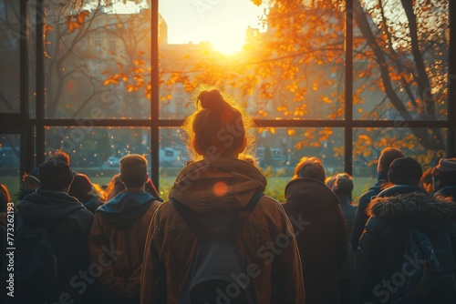 Silhouette of people against an autumn sunset