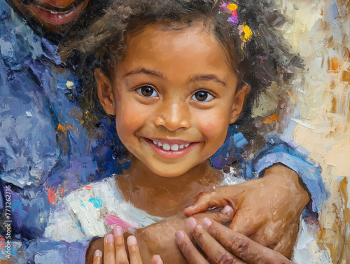 Close-up of a smiling child with sparkling eyes, embraced in a colorful, painterly atmosphere.