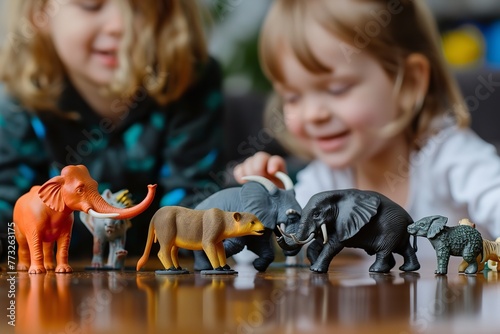 Nearby child playing with figurines, wild animals, and learning. Generative Ai