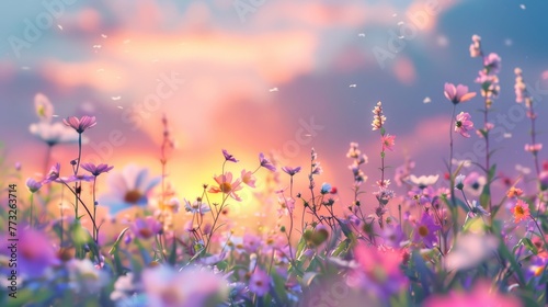 Field of Flowers With Sun Setting © BrandwayArt