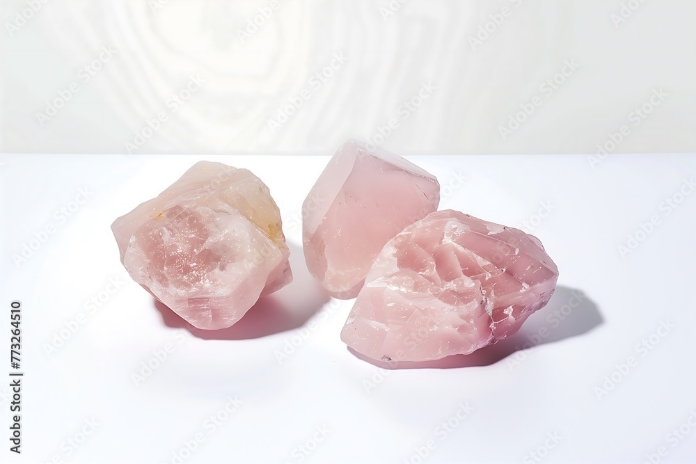 Serene Rose Quartz Crystal Trio on Bright Background Serene Rose Quartz Crystal Trio on Bright Background