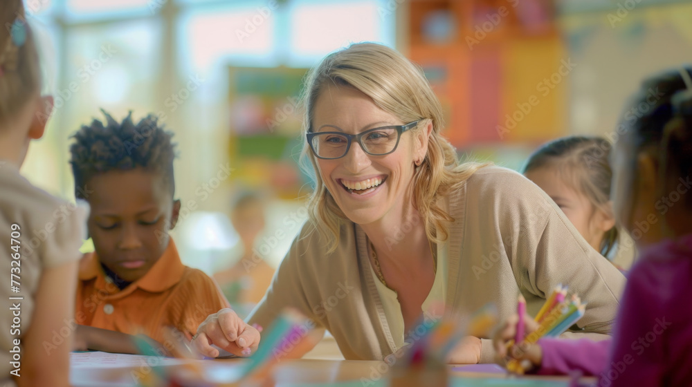 A smiling educator interacts with young students in a brightly lit classroom.