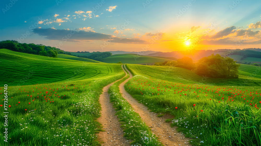 Winding Path Through Colorful Summer Fields at Sunset. A beautiful flowers field with a road running through it. Nature landscape Winding Path Through Colorful Summer Fields at Sunset. A beautiful flowers field with a road running through it. Nature landscape
