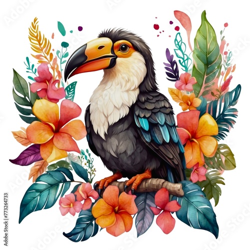 Watercolor illustration portrait of a cute adorable colorful tropical toucan bird with flowers on isolated white background. 