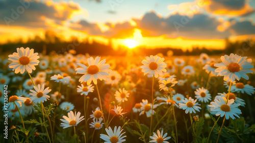 A field of white daisies with the sun shining on them. Flower landscape