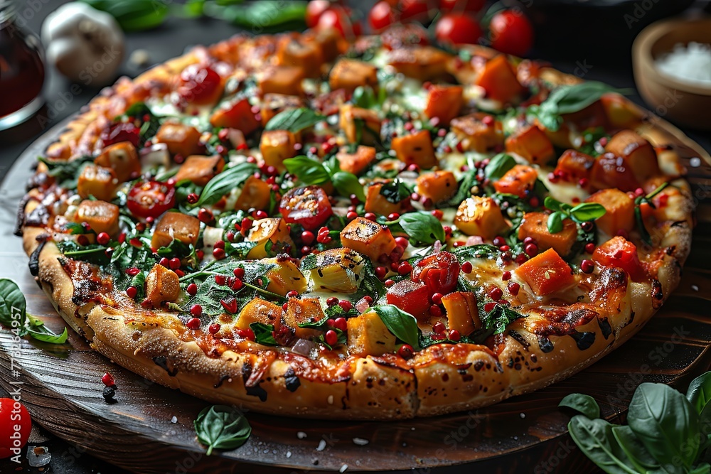 a pizza with vegetables and other things on it, in the style of dark red and dark beige. Generative AI a pizza with vegetables and other things on it, in the style of dark red and dark beige. Generative AI