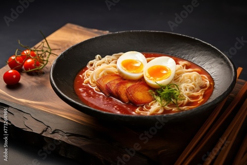 Juicy ramen on a slate plate against an aged metal background