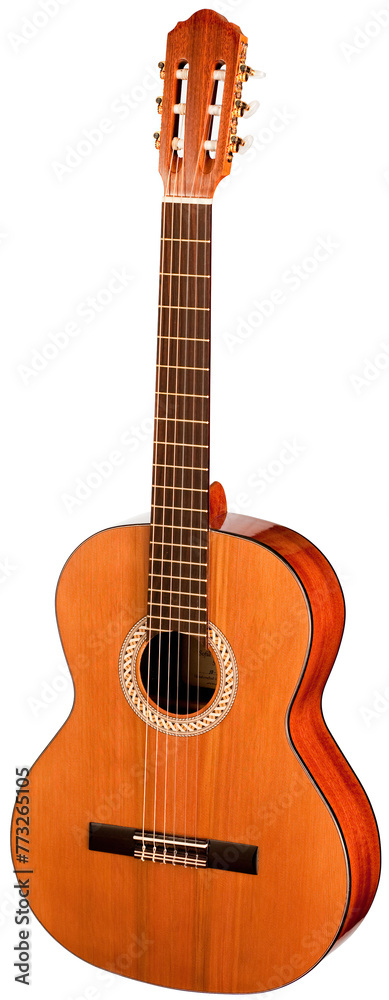 Obraz premium Classical Spanish flamenco guitar close up, dramatically lit isolated on white background with copy space.