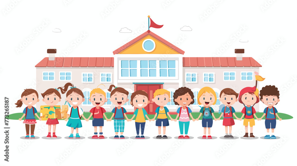 Happy cartoon school children in front of the school