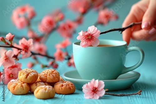 Cup of coffee and cookies in the morning sun with sakura professional advertising food photography