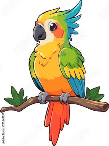 Cute brightly colored parrot on a branch with leaves. Summer illustration with bird