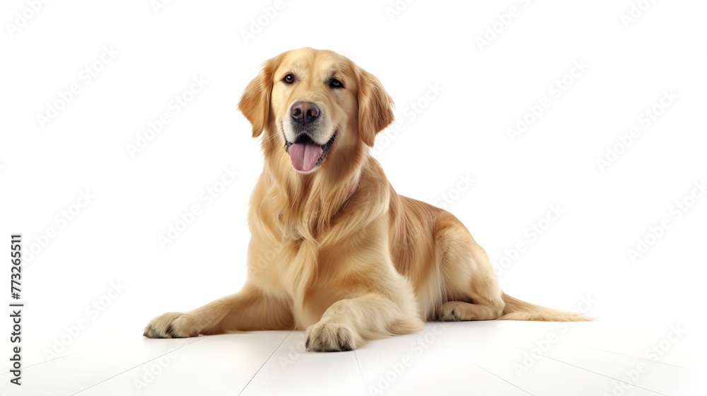 Golden Retriever Dog Sitting on the Floor Isolated on White Background