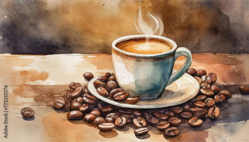 Espresso coffee cup with beans on vintage table, watercolor art style, copyspace on a side