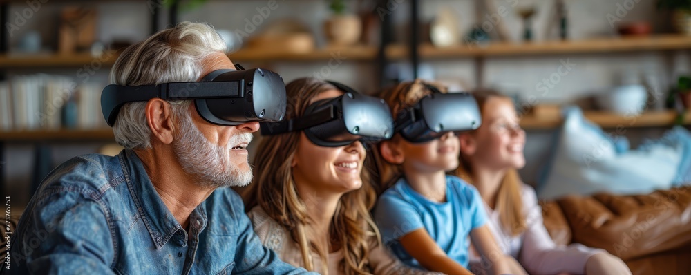 Multi-Generational Family Experiencing Virtual Reality Together.