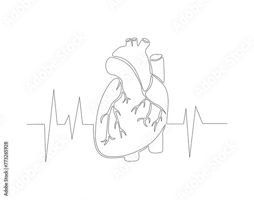 Continuous one line drawing of human heart organ. One line of anatomical human heart. Medical internal concept continuous line art. Editable outline.
