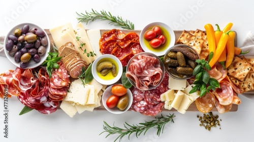 An expansive charcuterie board brimming with an assortment of cured meats, artisanal cheeses, and fresh accompaniments.